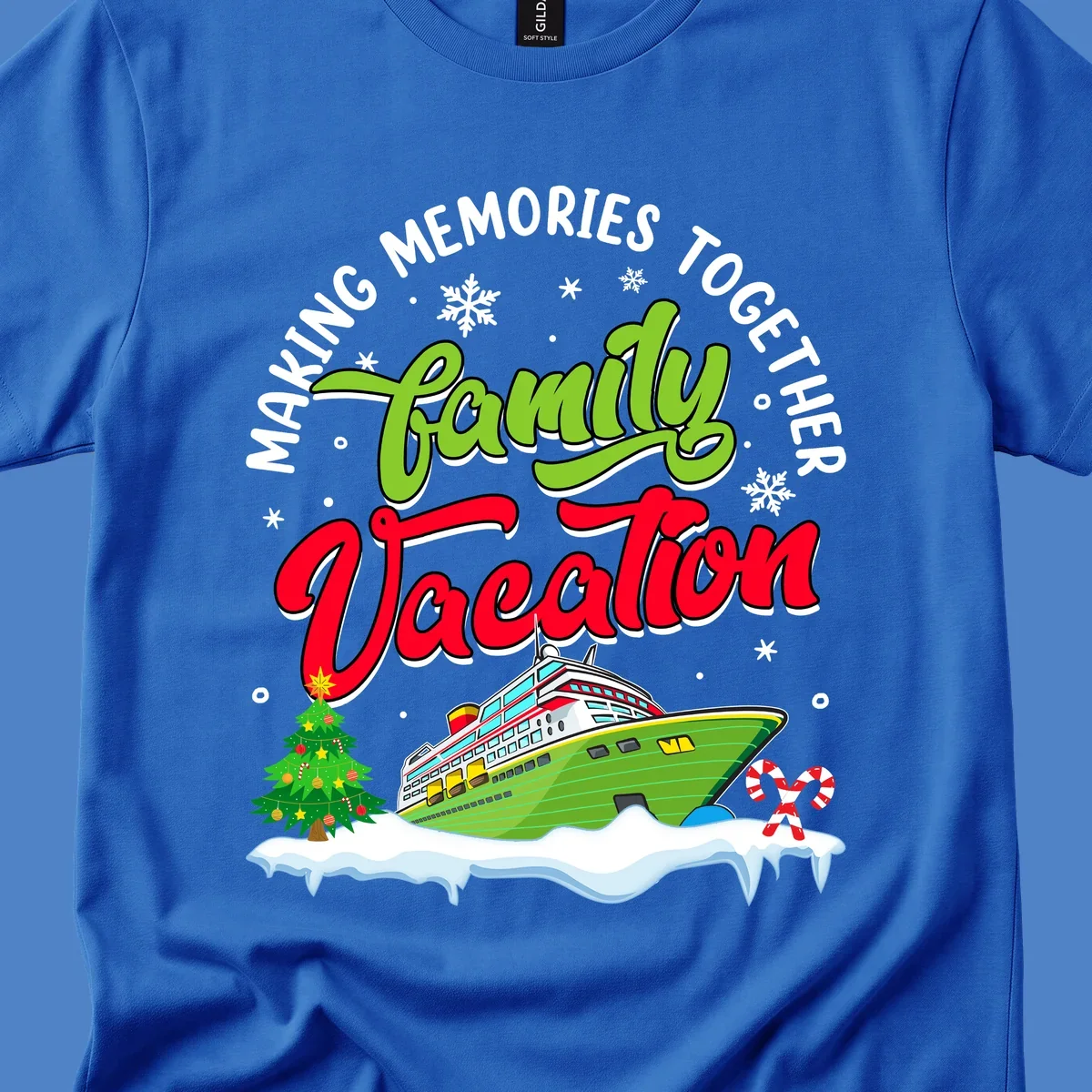 Family vacation cruise design with colorful ship, Christmas tree, candy canes and snowflakes on gray background