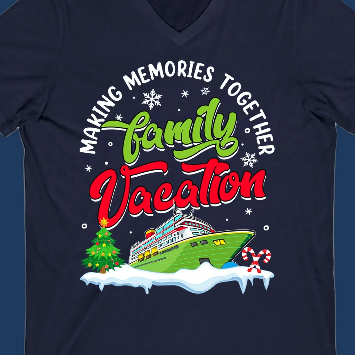 Family vacation cruise design with colorful ship, Christmas tree, candy canes and snowflakes on gray background