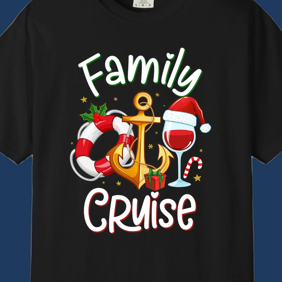 Family Cruise design featuring anchor, life preserver, Santa wine glass, and candy cane with holiday nautical theme