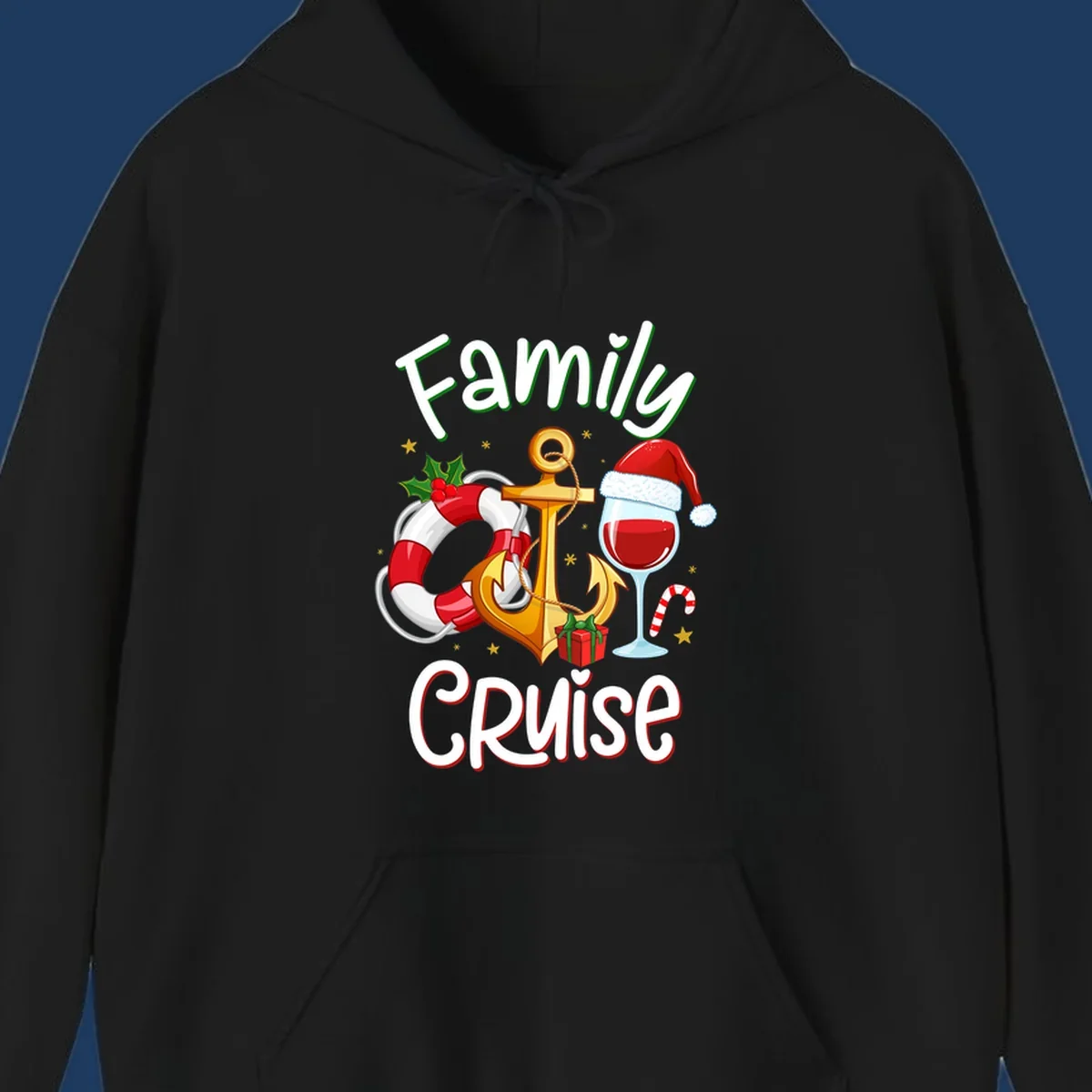 Family Cruise design featuring anchor, life preserver, Santa wine glass, and candy cane with holiday nautical theme