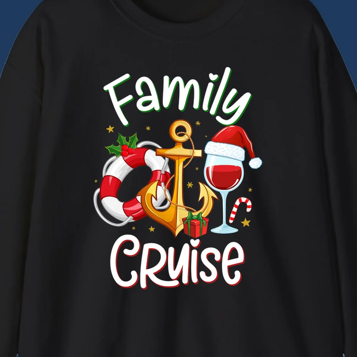 Family Cruise design featuring anchor, life preserver, Santa wine glass, and candy cane with holiday nautical theme