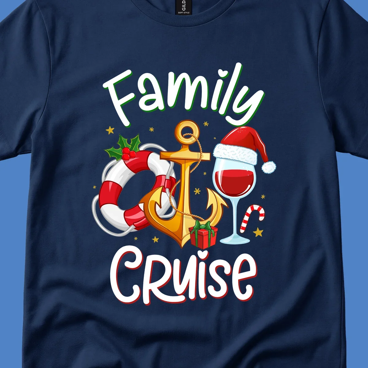 Family Cruise design featuring anchor, life preserver, Santa wine glass, and candy cane with holiday nautical theme