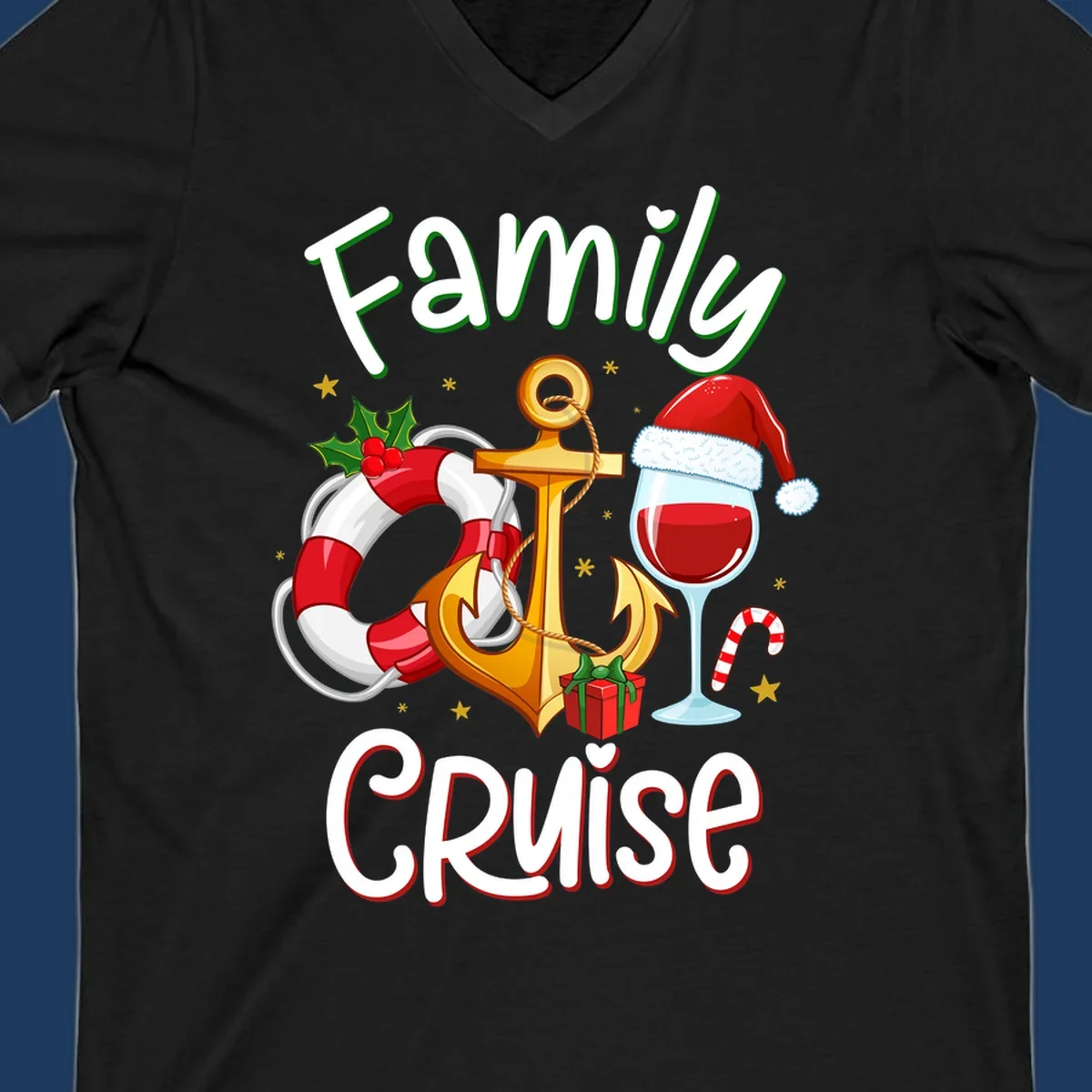 Family Cruise design featuring anchor, life preserver, Santa wine glass, and candy cane with holiday nautical theme