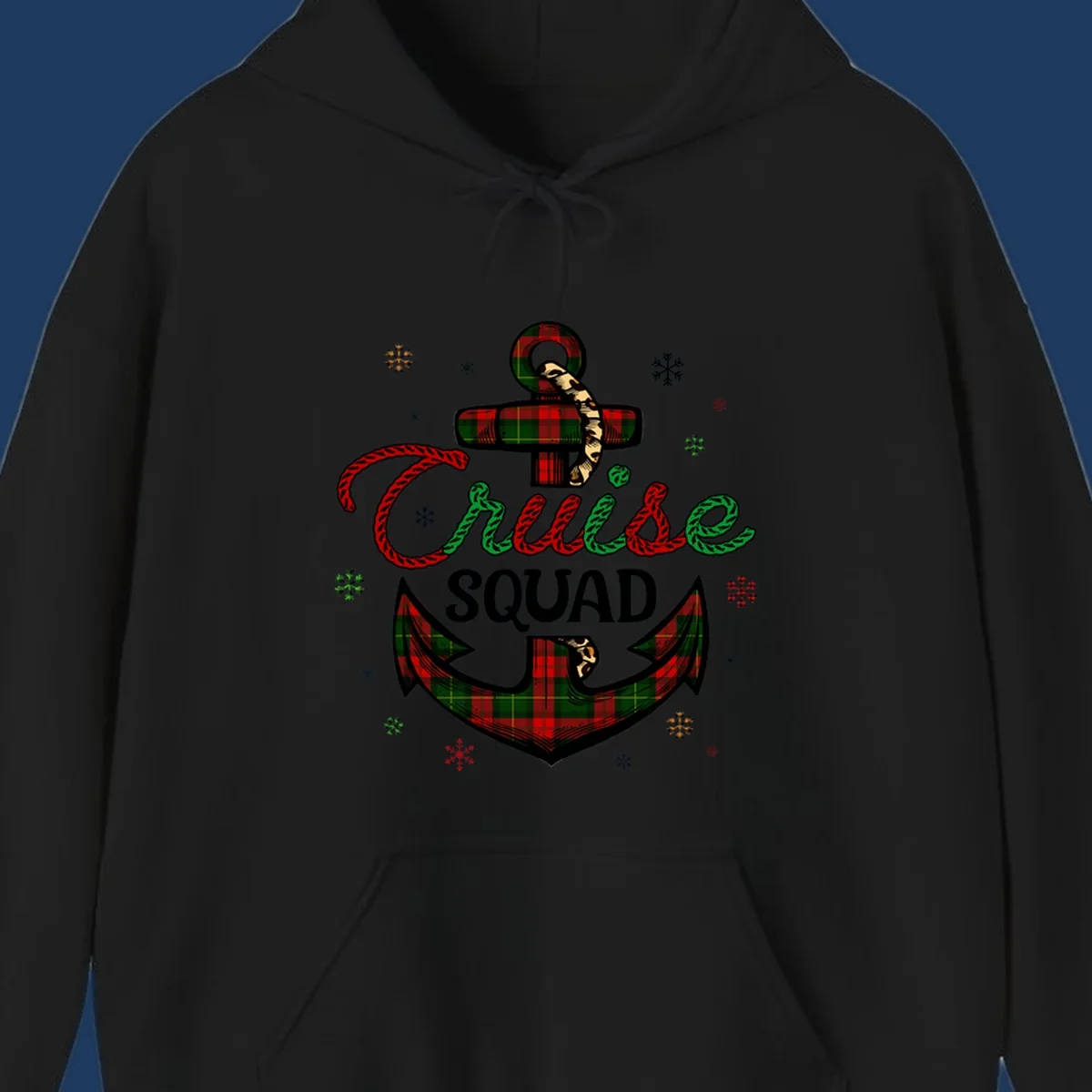 Cruise squad holiday design featuring plaid anchor with rope lettering, snowflakes, and nautical cross on gray background