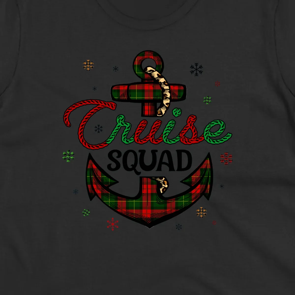 Cruise squad holiday design featuring plaid anchor with rope lettering, snowflakes, and nautical cross on gray background