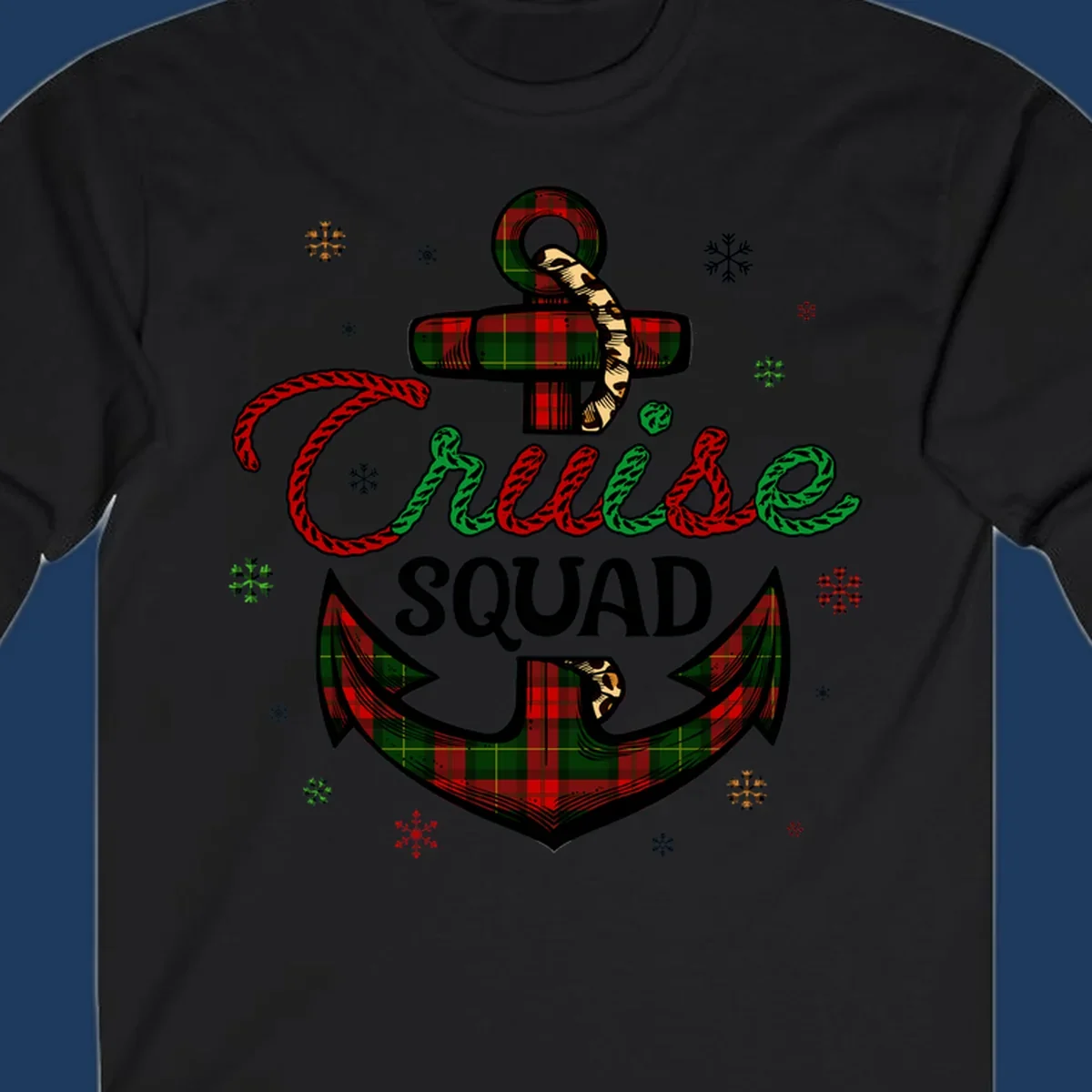 Cruise squad holiday design featuring plaid anchor with rope lettering, snowflakes, and nautical cross on gray background