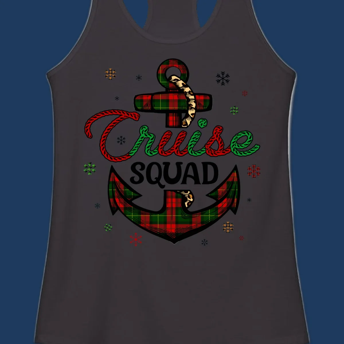 Cruise squad holiday design featuring plaid anchor with rope lettering, snowflakes, and nautical cross on gray background