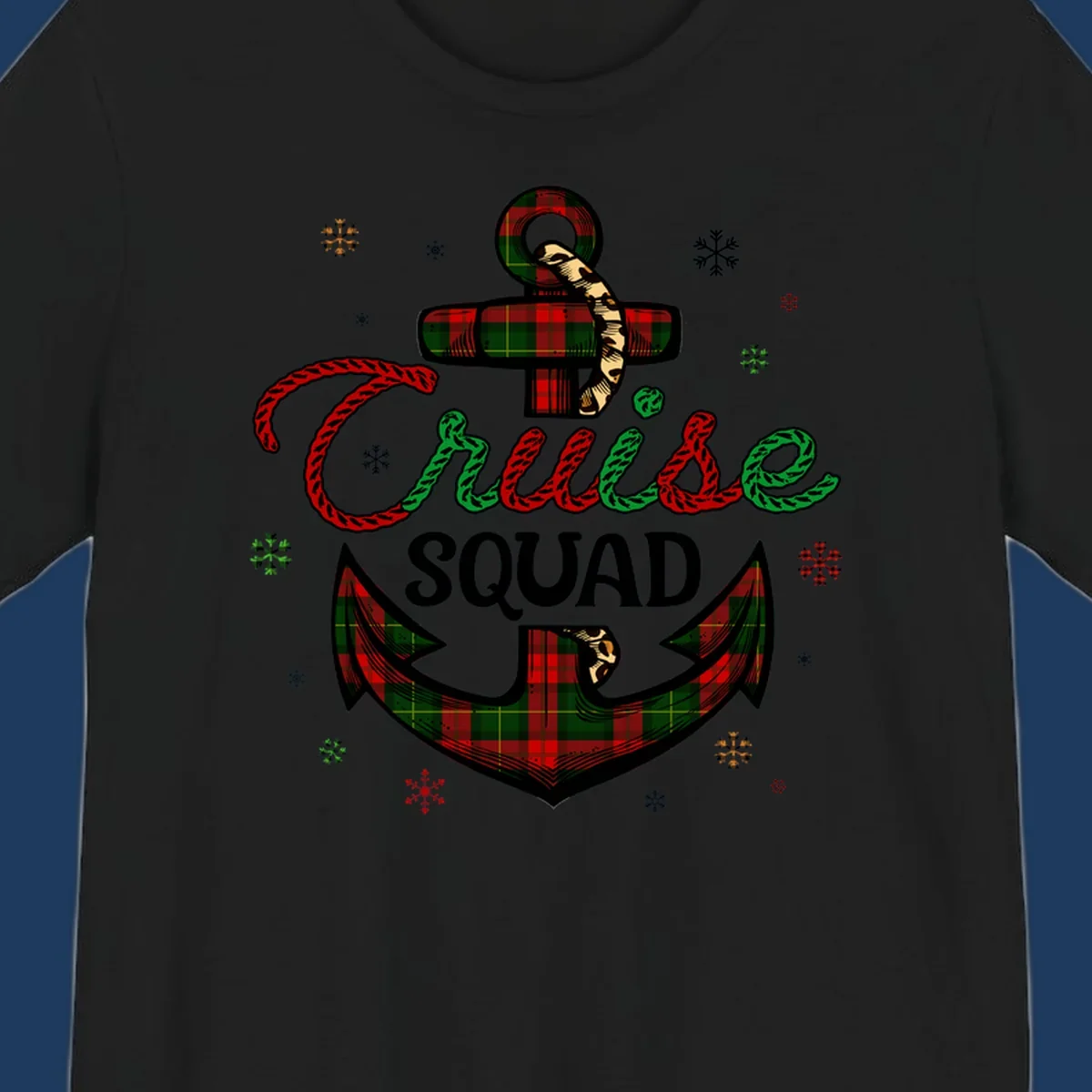 Cruise squad holiday design featuring plaid anchor with rope lettering, snowflakes, and nautical cross on gray background