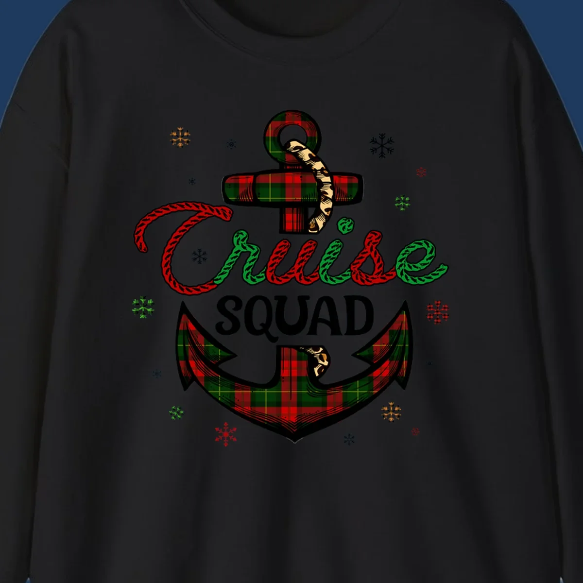 Cruise squad holiday design featuring plaid anchor with rope lettering, snowflakes, and nautical cross on gray background