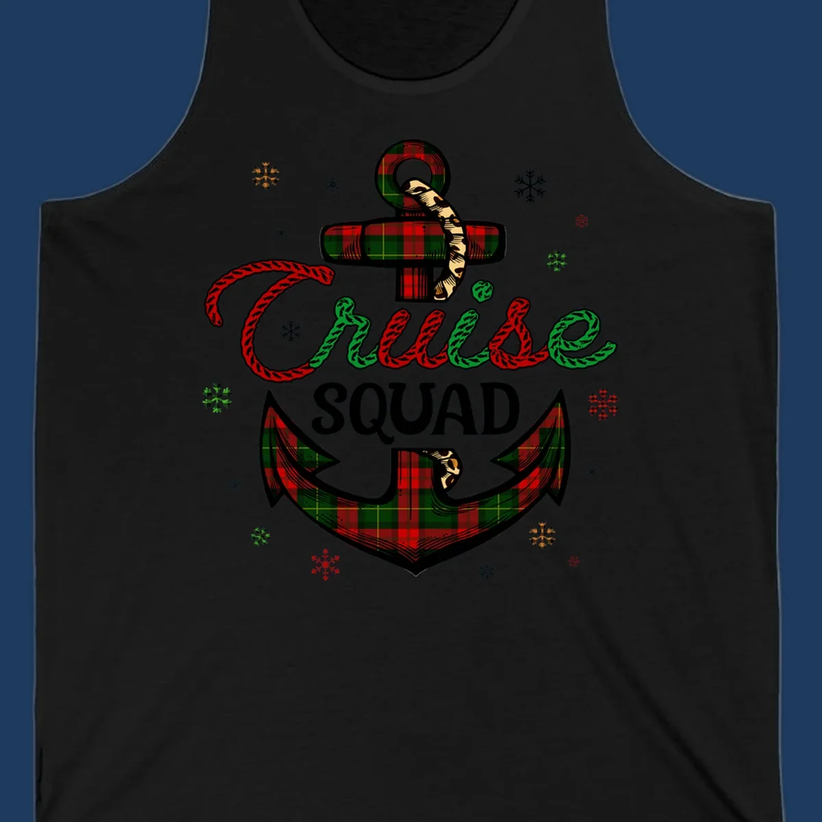 Cruise squad holiday design featuring plaid anchor with rope lettering, snowflakes, and nautical cross on gray background