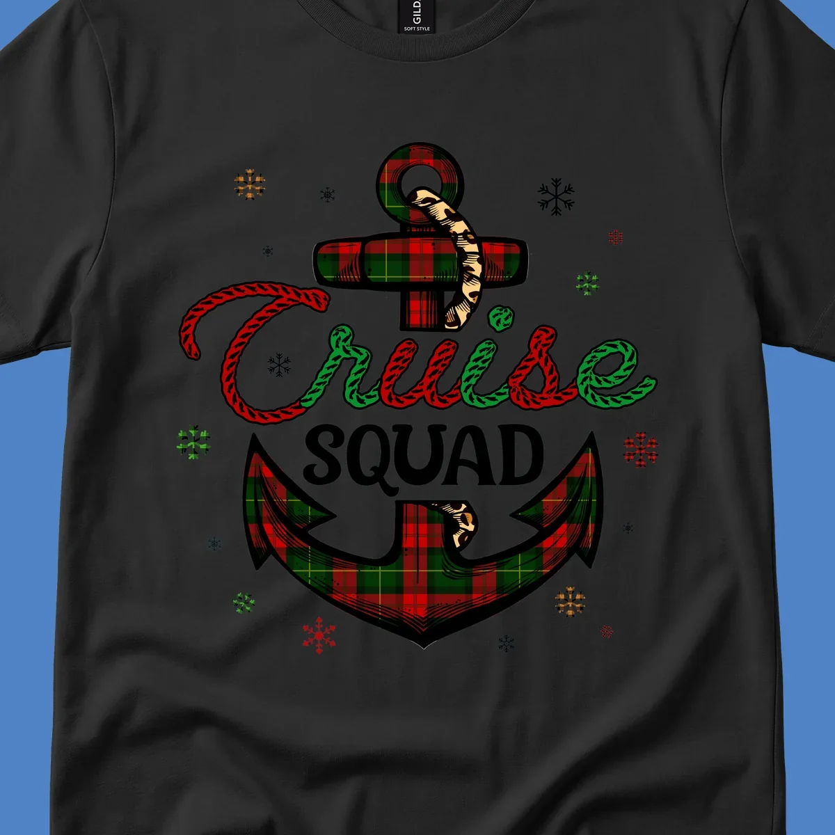 Cruise squad holiday design featuring plaid anchor with rope lettering, snowflakes, and nautical cross on gray background