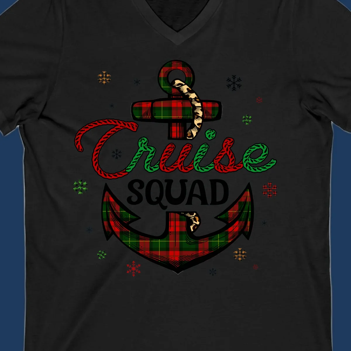 Cruise squad holiday design featuring plaid anchor with rope lettering, snowflakes, and nautical cross on gray background
