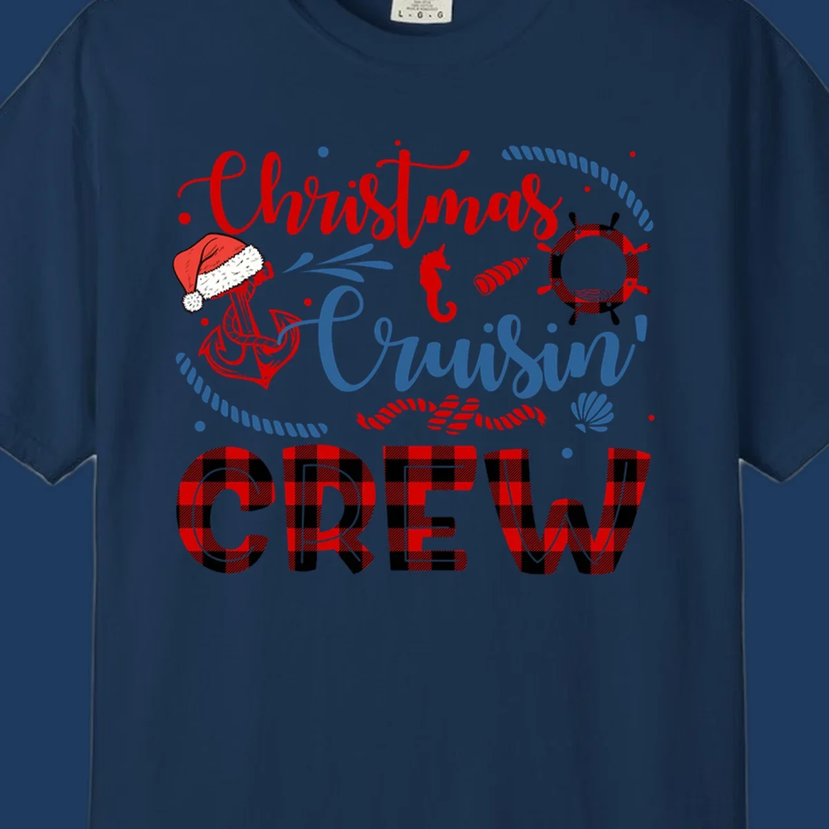 Christmas Cruisin' Cousin Crew design with Santa hat, ship wheel, anchor, and seahorse nautical elements in red, blue, and black on gray background