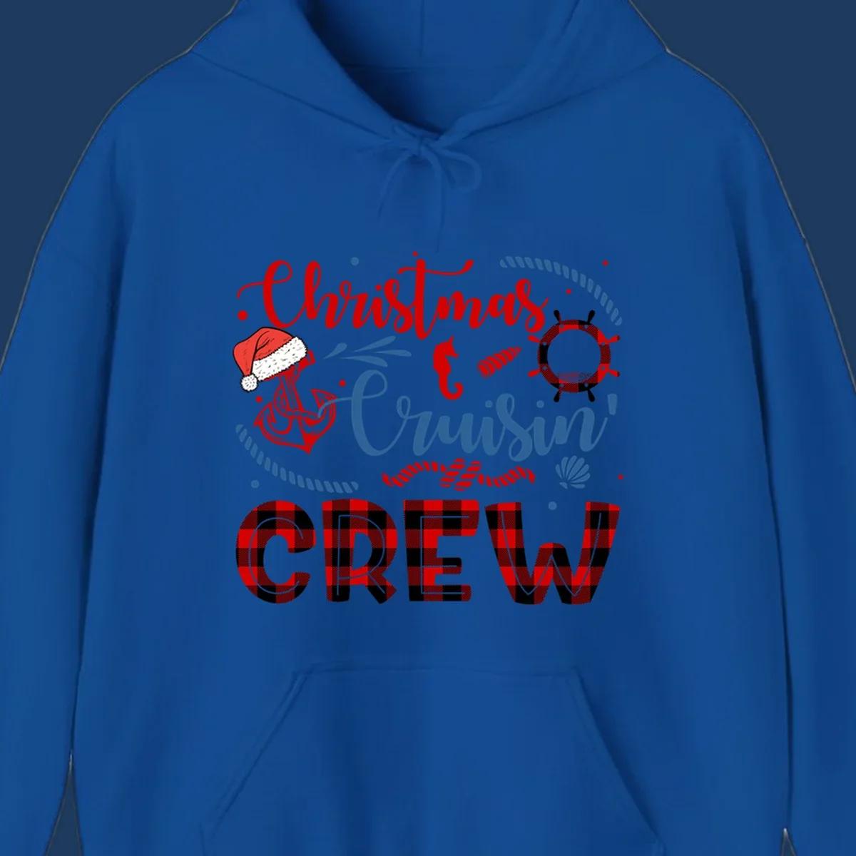 Christmas Cruisin' Cousin Crew design with Santa hat, ship wheel, anchor, and seahorse nautical elements in red, blue, and black on gray background