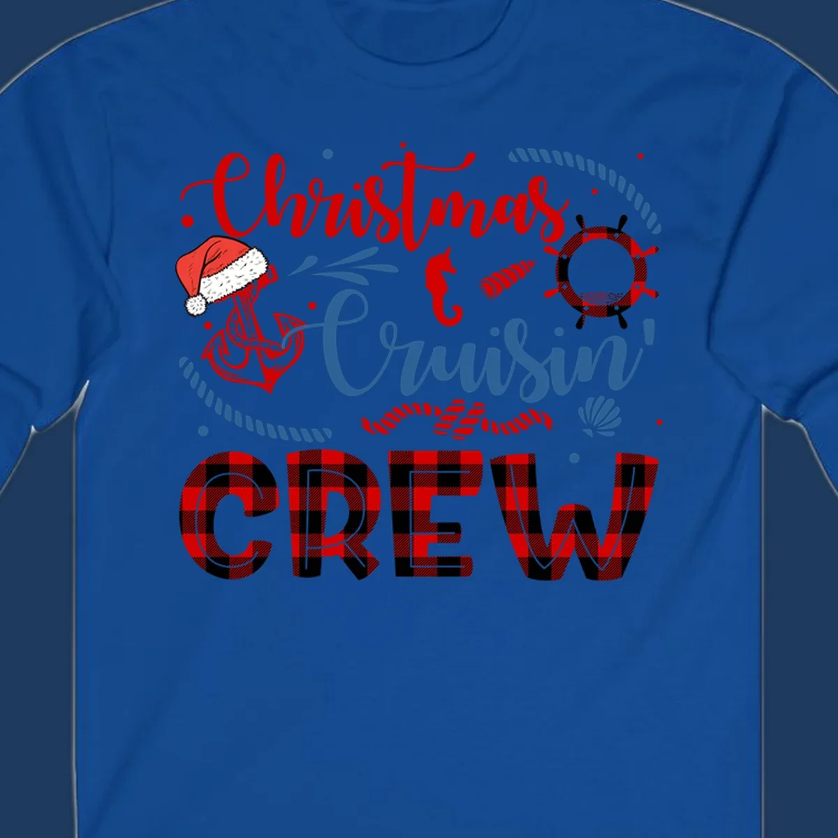 Christmas Cruisin' Cousin Crew design with Santa hat, ship wheel, anchor, and seahorse nautical elements in red, blue, and black on gray background