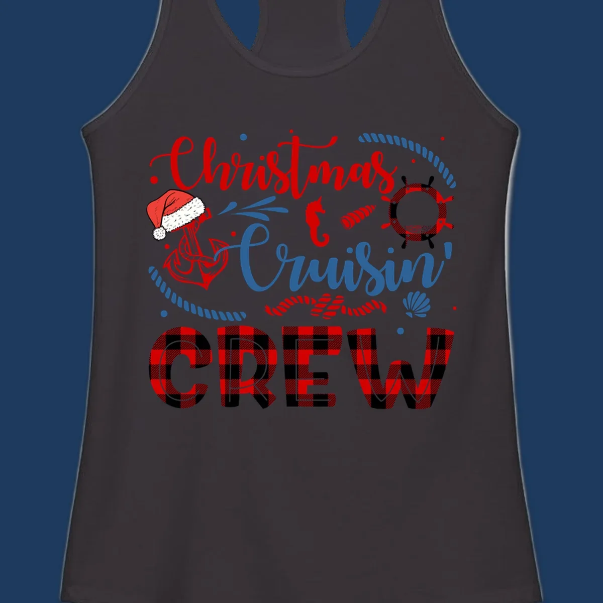 Christmas Cruisin' Cousin Crew design with Santa hat, ship wheel, anchor, and seahorse nautical elements in red, blue, and black on gray background
