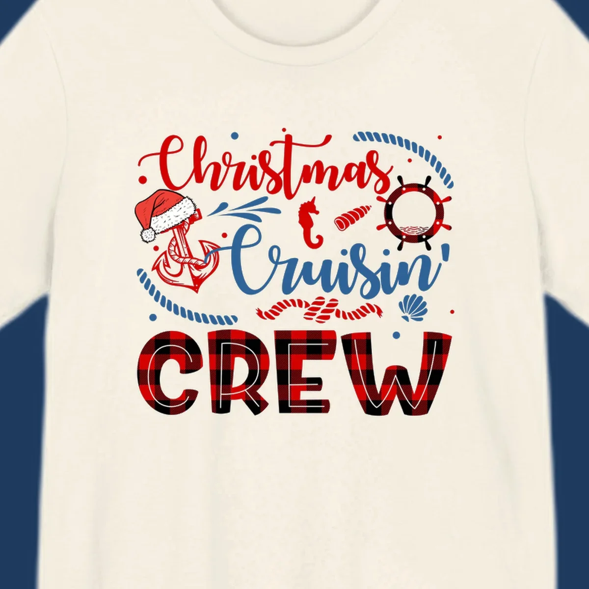 Christmas Cruisin' Cousin Crew design with Santa hat, ship wheel, anchor, and seahorse nautical elements in red, blue, and black on gray background