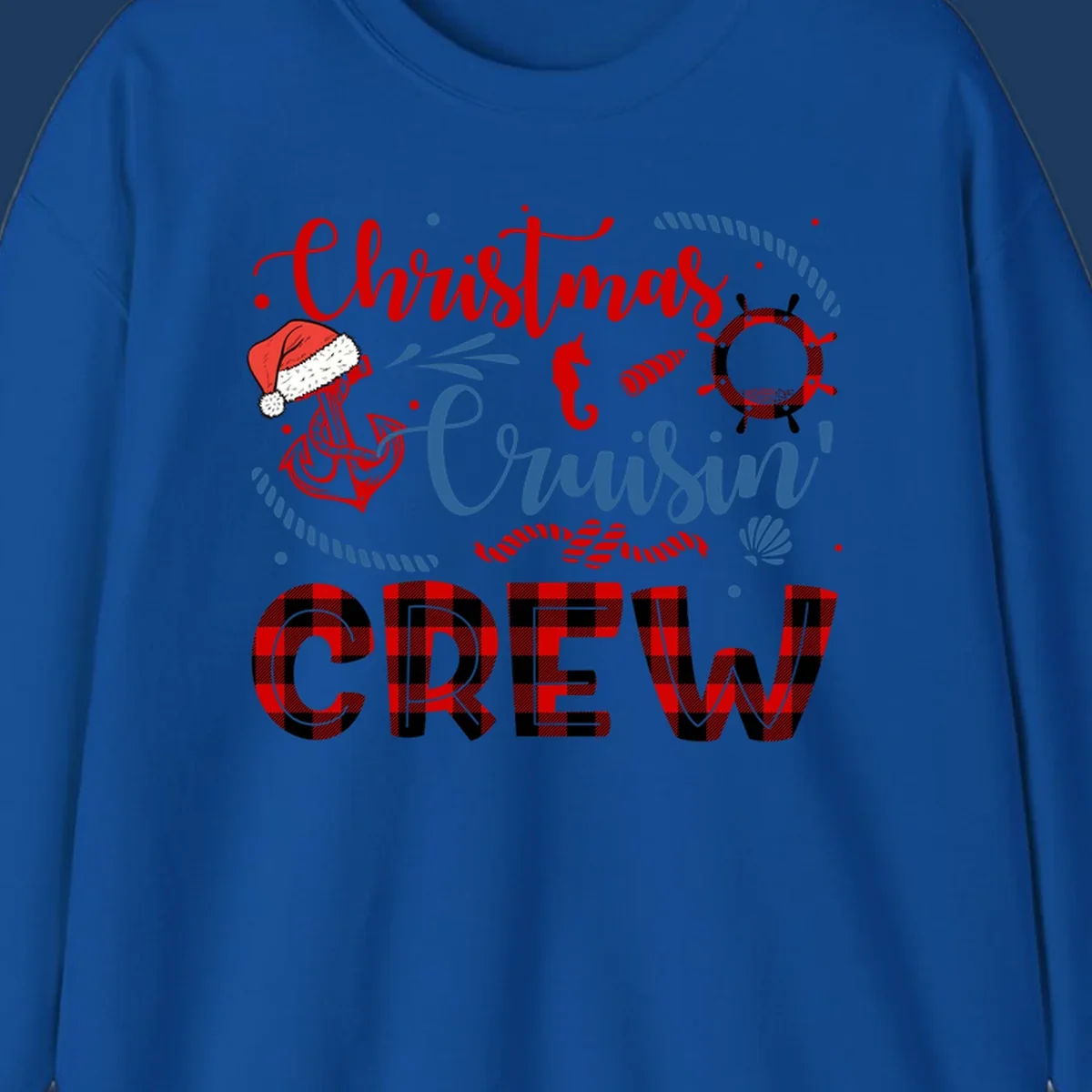 Christmas Cruisin' Cousin Crew design with Santa hat, ship wheel, anchor, and seahorse nautical elements in red, blue, and black on gray background