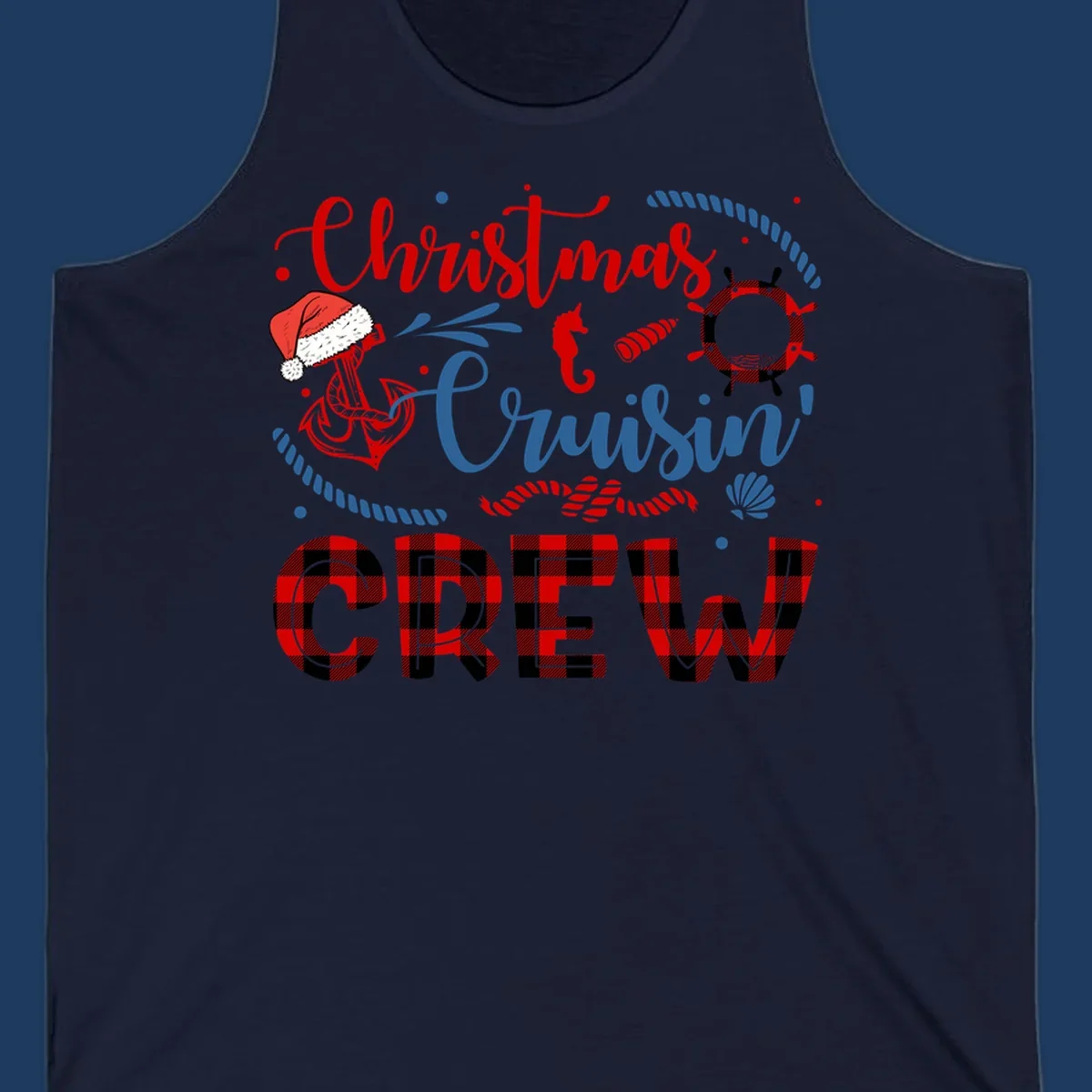 Christmas Cruisin' Cousin Crew design with Santa hat, ship wheel, anchor, and seahorse nautical elements in red, blue, and black on gray background