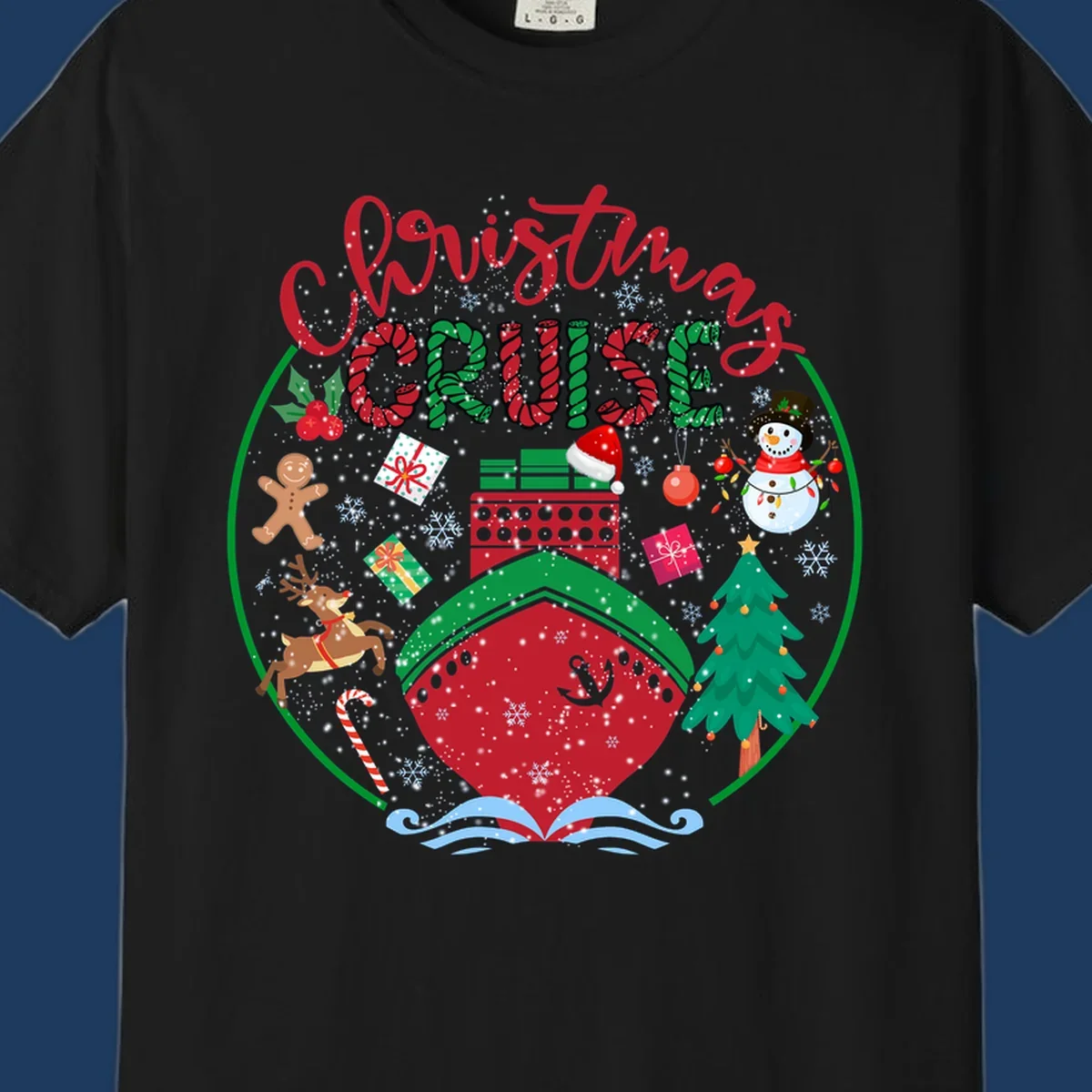 Festive cruising Christmas holiday design with candy cane striped text, snowman, reindeer, Christmas tree, and wrapped gifts on gray background