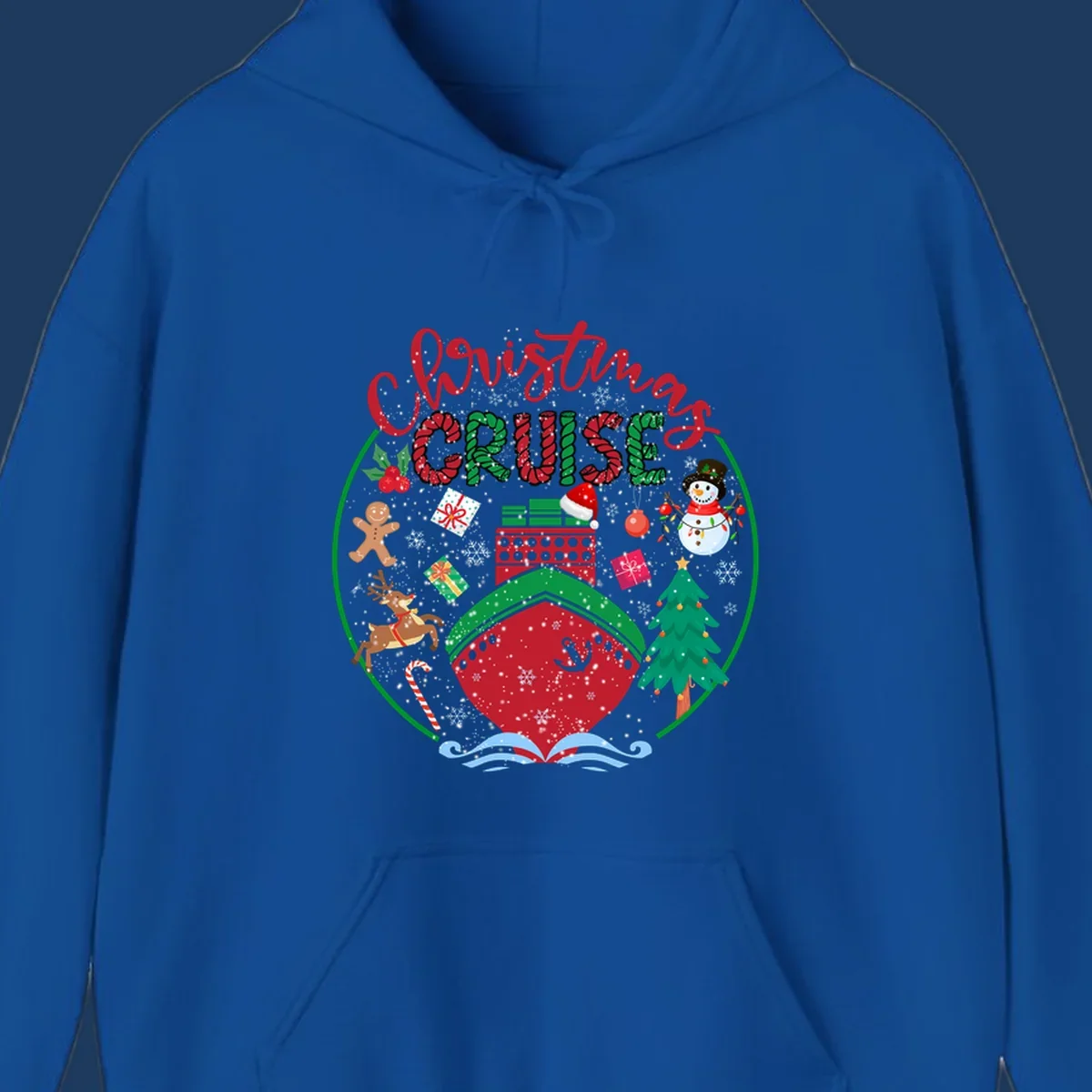 Festive cruising Christmas holiday design with candy cane striped text, snowman, reindeer, Christmas tree, and wrapped gifts on gray background