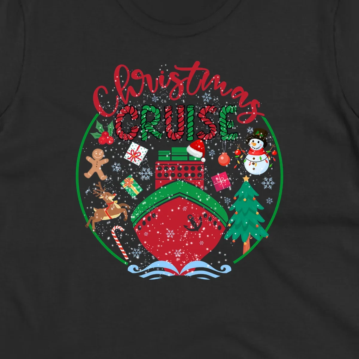 Festive cruising Christmas holiday design with candy cane striped text, snowman, reindeer, Christmas tree, and wrapped gifts on gray background