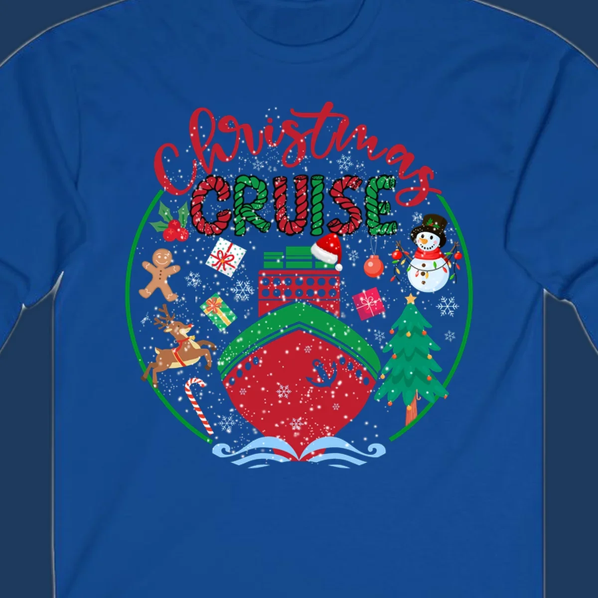 Festive cruising Christmas holiday design with candy cane striped text, snowman, reindeer, Christmas tree, and wrapped gifts on gray background