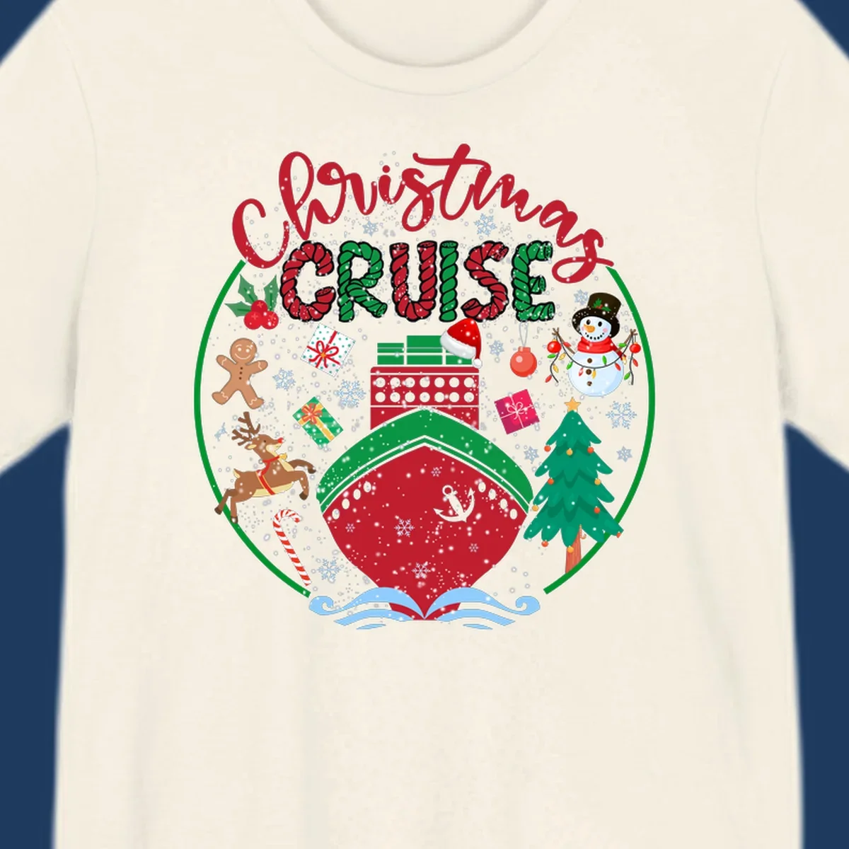 Festive cruising Christmas holiday design with candy cane striped text, snowman, reindeer, Christmas tree, and wrapped gifts on gray background