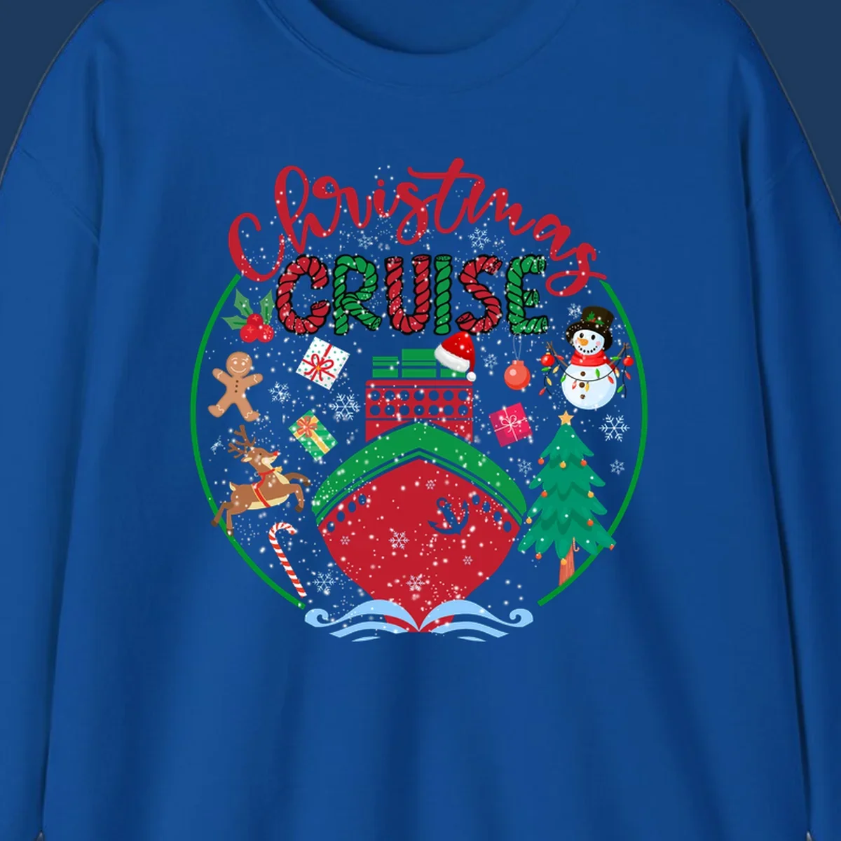 Festive cruising Christmas holiday design with candy cane striped text, snowman, reindeer, Christmas tree, and wrapped gifts on gray background
