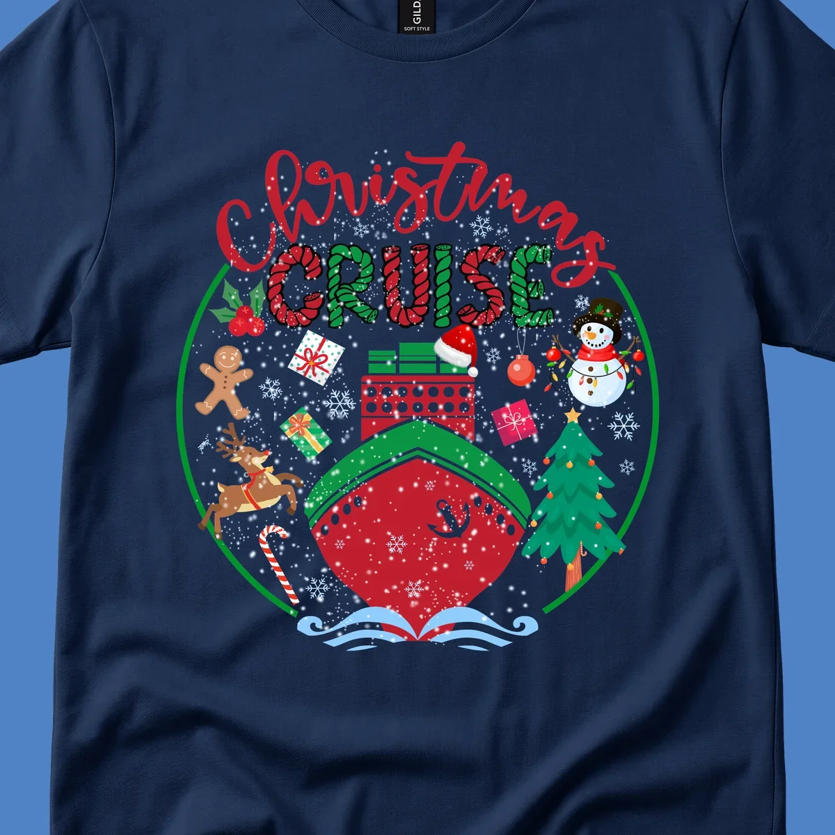 Festive cruising Christmas holiday design with candy cane striped text, snowman, reindeer, Christmas tree, and wrapped gifts on gray background