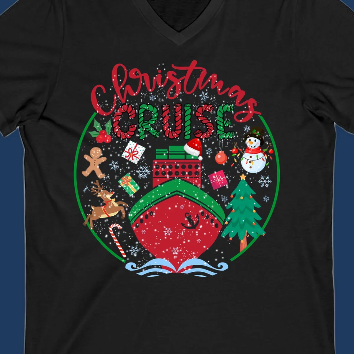 Festive cruising Christmas holiday design with candy cane striped text, snowman, reindeer, Christmas tree, and wrapped gifts on gray background