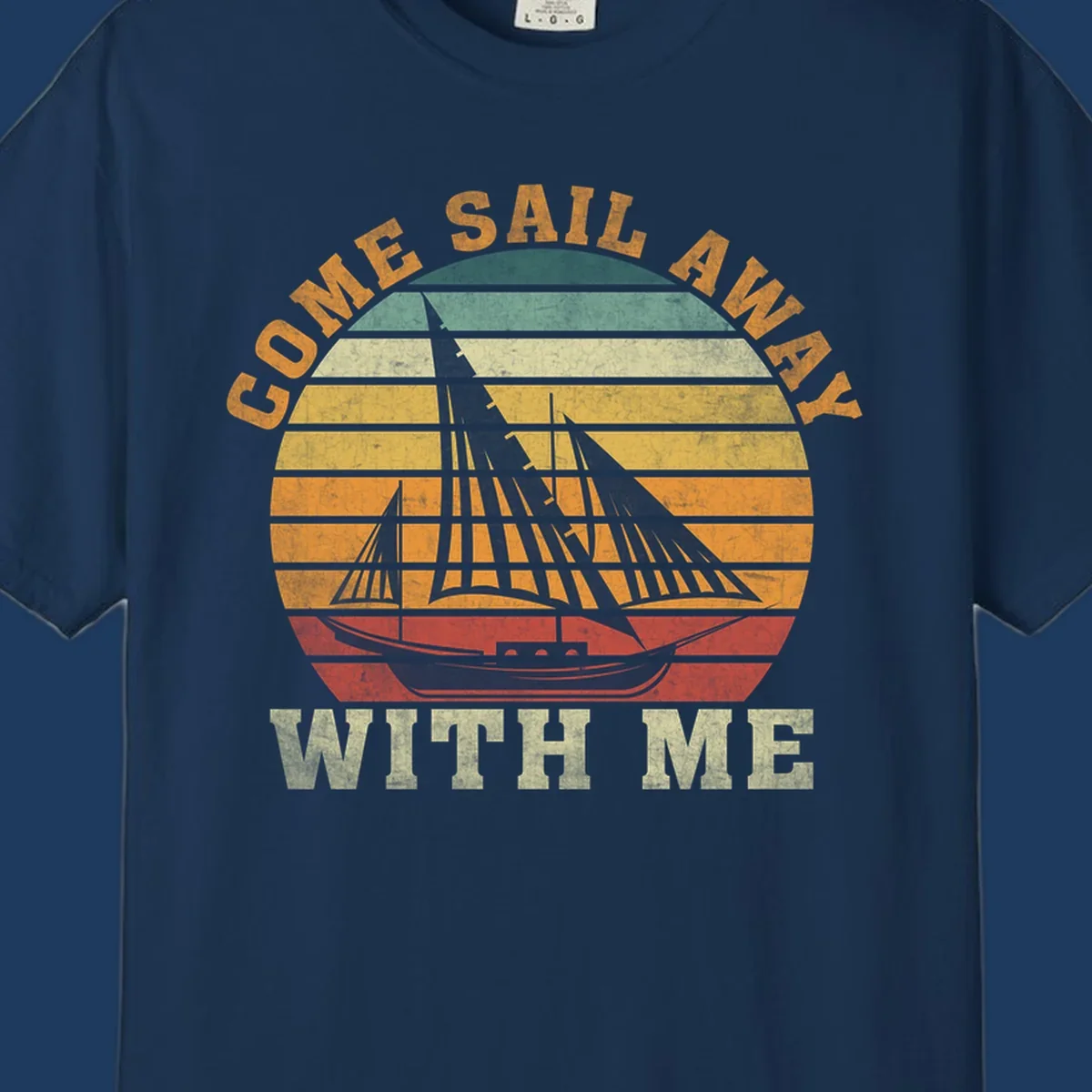 Vintage-style come sail away cruise design with sailing ship silhouette against striped sunset gradient
