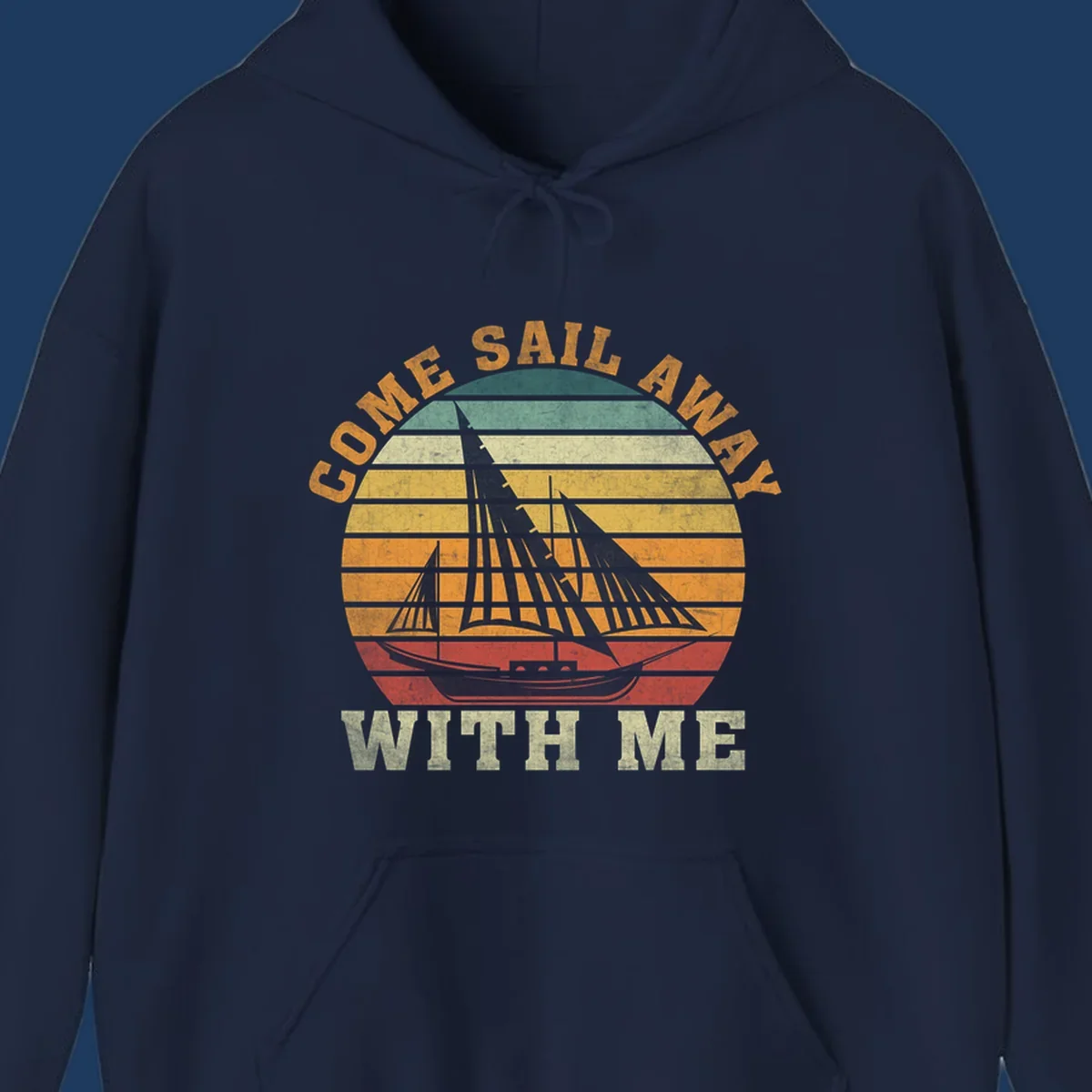 Vintage-style come sail away cruise design with sailing ship silhouette against striped sunset gradient