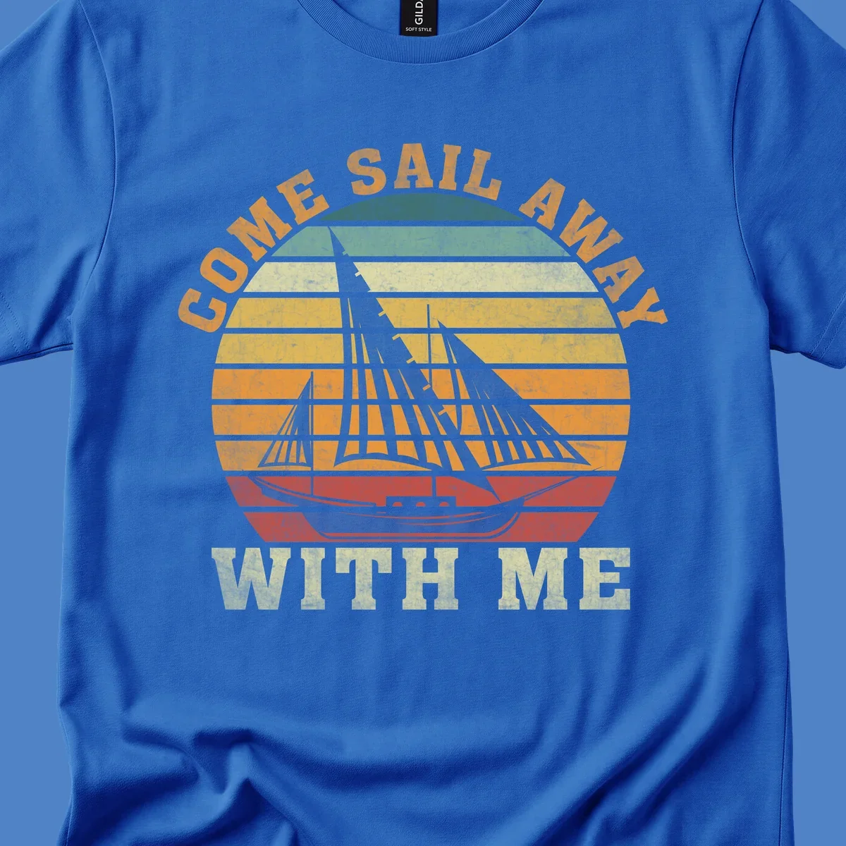 Vintage-style come sail away cruise design with sailing ship silhouette against striped sunset gradient