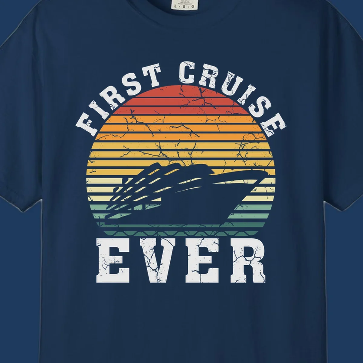 Retro sunset design with cruise ship silhouette and 'First Cruise Ever' text in vintage style