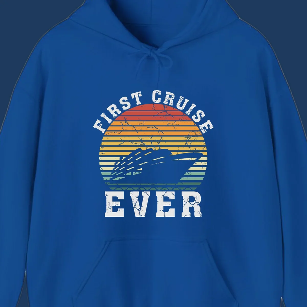 Retro sunset design with cruise ship silhouette and 'First Cruise Ever' text in vintage style