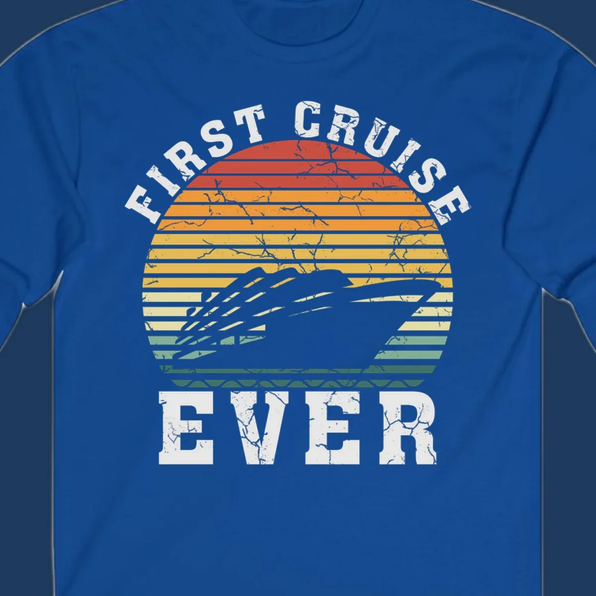 Retro sunset design with cruise ship silhouette and 'First Cruise Ever' text in vintage style
