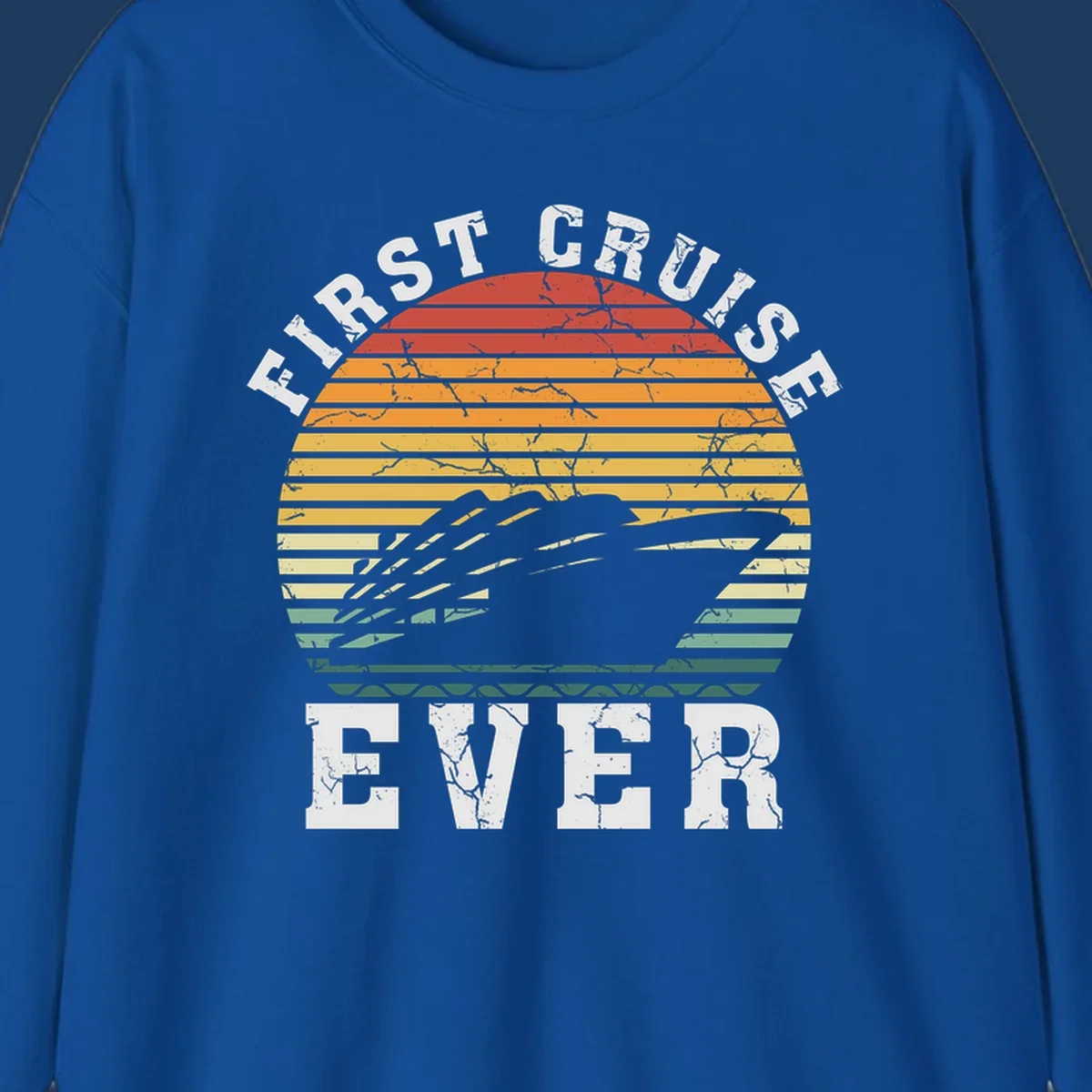 Retro sunset design with cruise ship silhouette and 'First Cruise Ever' text in vintage style