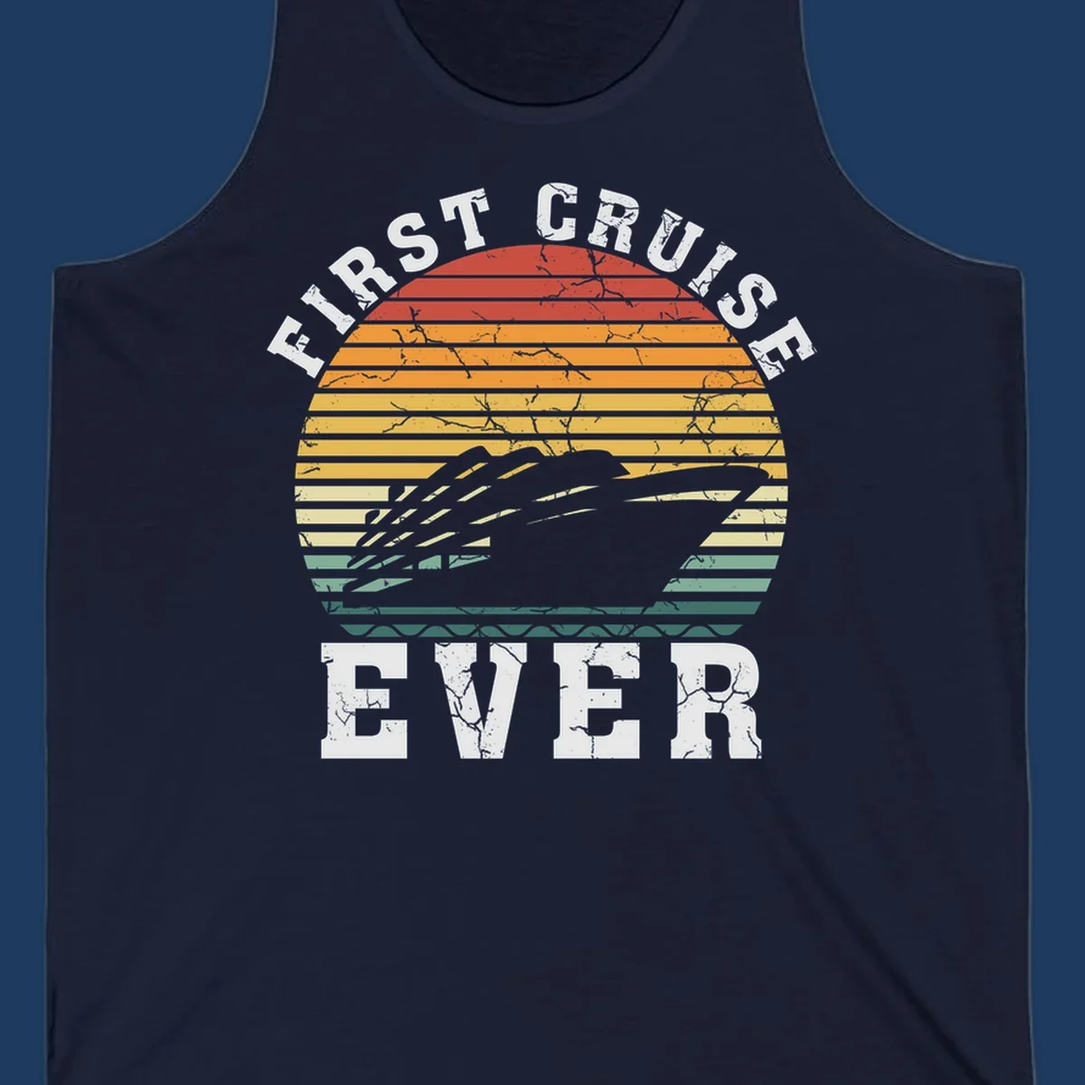 Retro sunset design with cruise ship silhouette and 'First Cruise Ever' text in vintage style