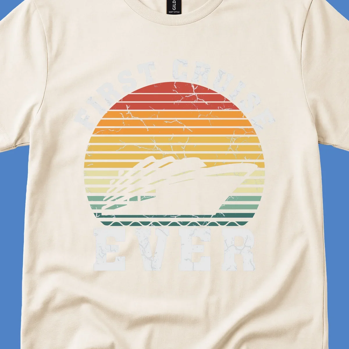 Retro sunset design with cruise ship silhouette and 'First Cruise Ever' text in vintage style