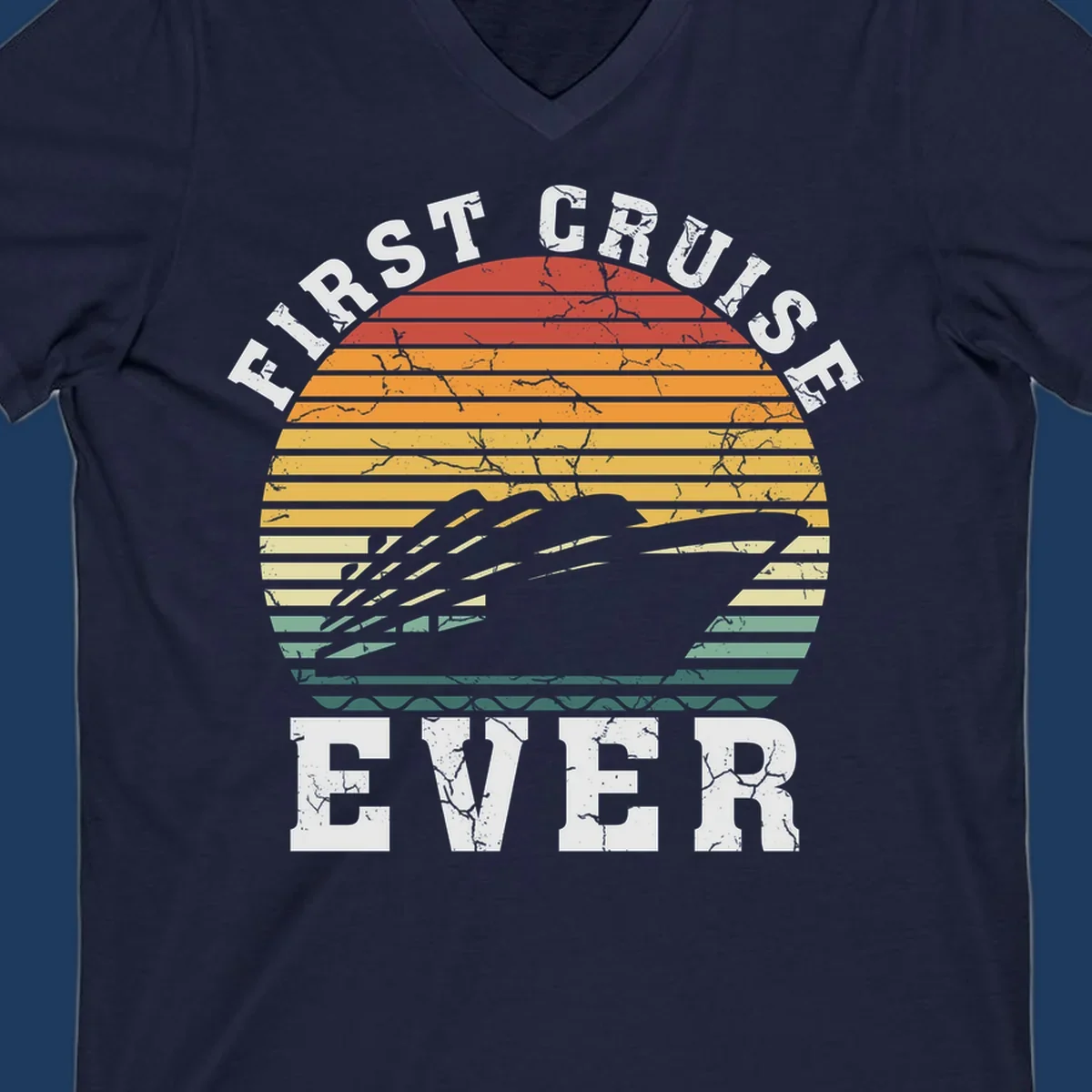 Retro sunset design with cruise ship silhouette and 'First Cruise Ever' text in vintage style