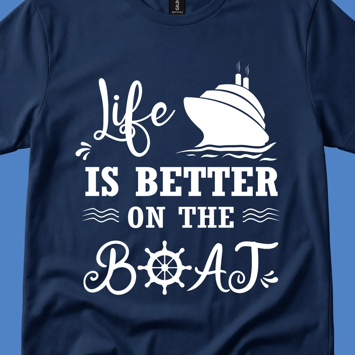 White nautical design on gray background with 'Life Is Better On The Boat' text, cruise ship, ship's wheel, and ocean waves