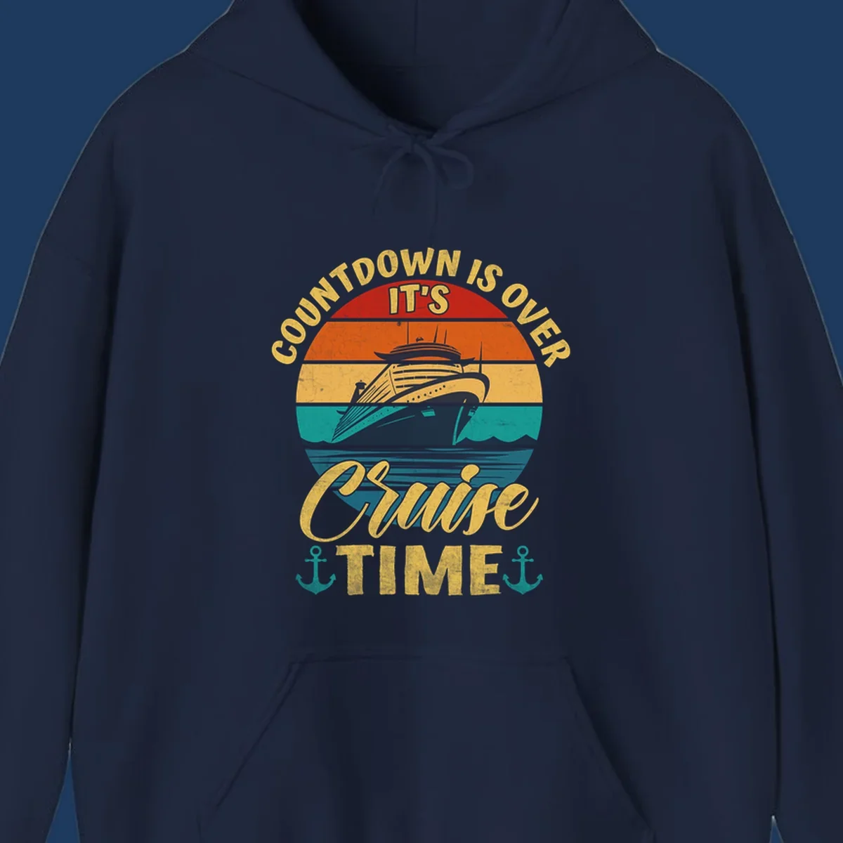 Retro vintage cruise ship design with 'countdown is over it's cruise time' text in gold on horizontal color stripes with anchors