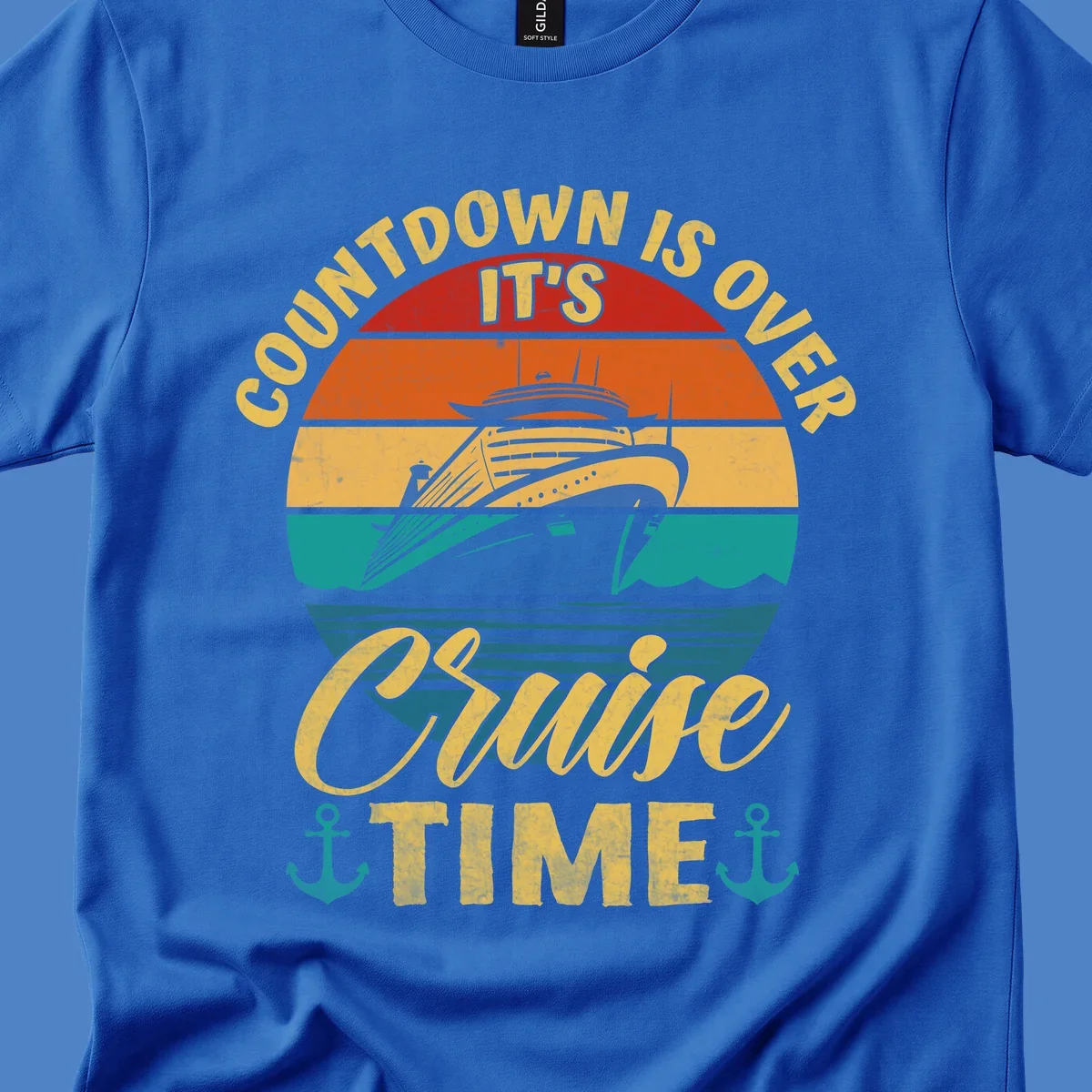 Retro vintage cruise ship design with 'countdown is over it's cruise time' text in gold on horizontal color stripes with anchors