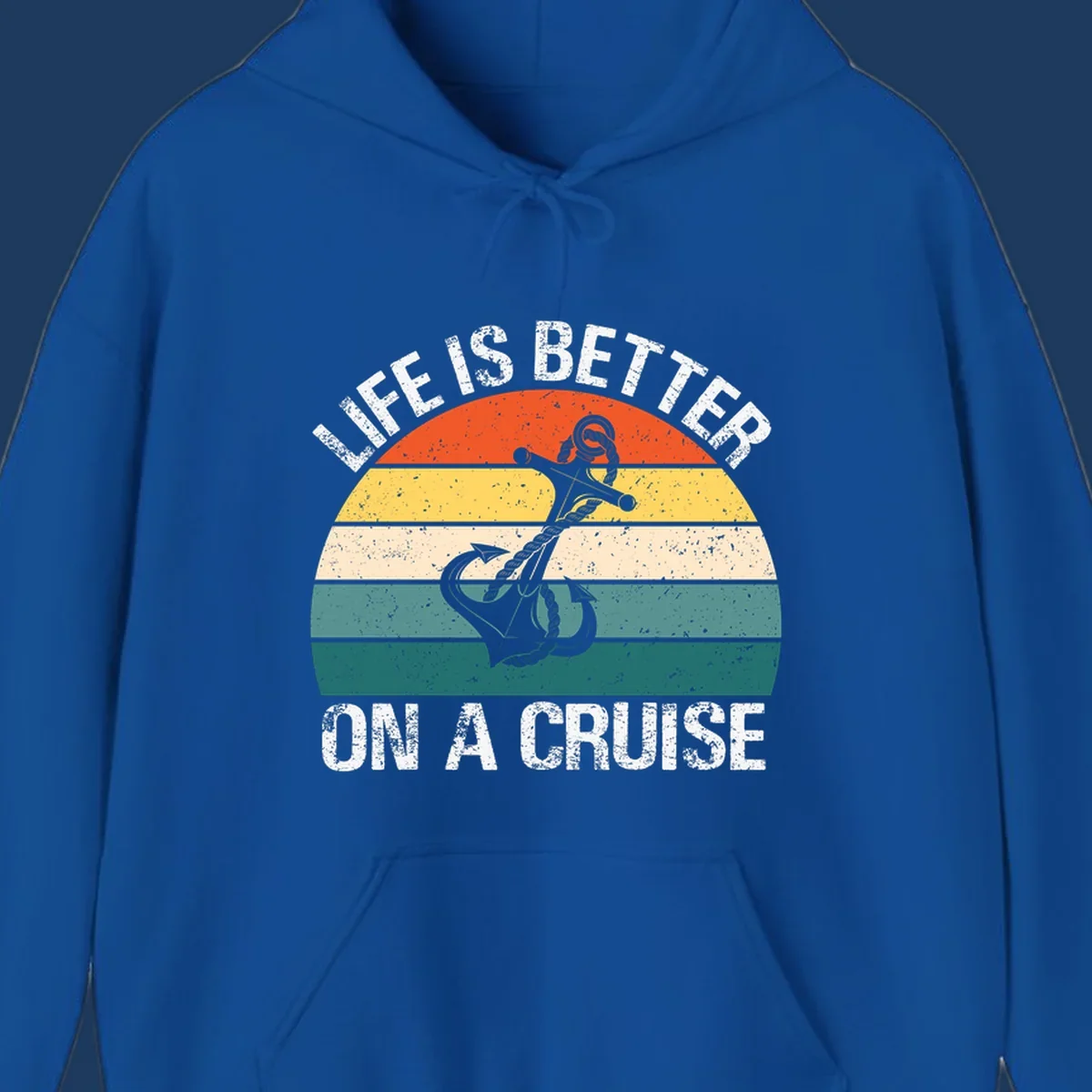 Vintage-style retro sunset design with anchor and rope, text reads 'Life Is Better On A Cruise' in distressed lettering