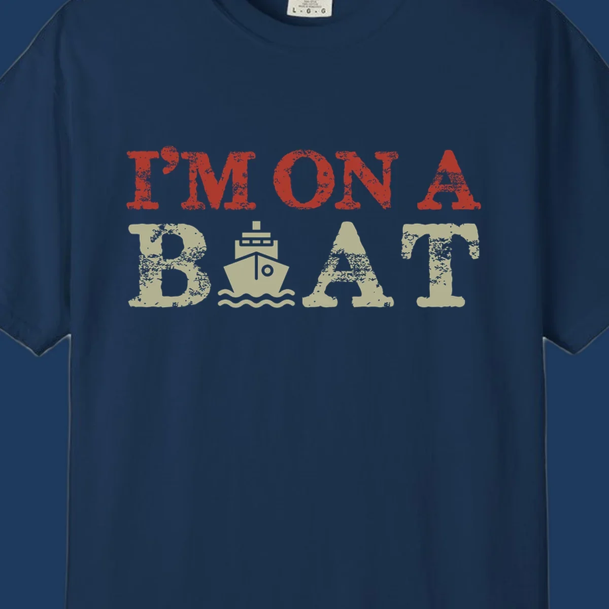 Red and cream distressed design featuring 'I'm On A Boat' text with ship and wave icons for cruise vacation apparel