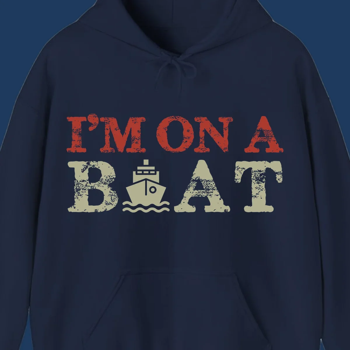 Red and cream distressed design featuring 'I'm On A Boat' text with ship and wave icons for cruise vacation apparel