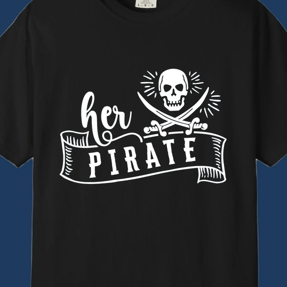 Vintage-style pirate skull with crossed swords and 'Ahoy PIRATE' text banner design