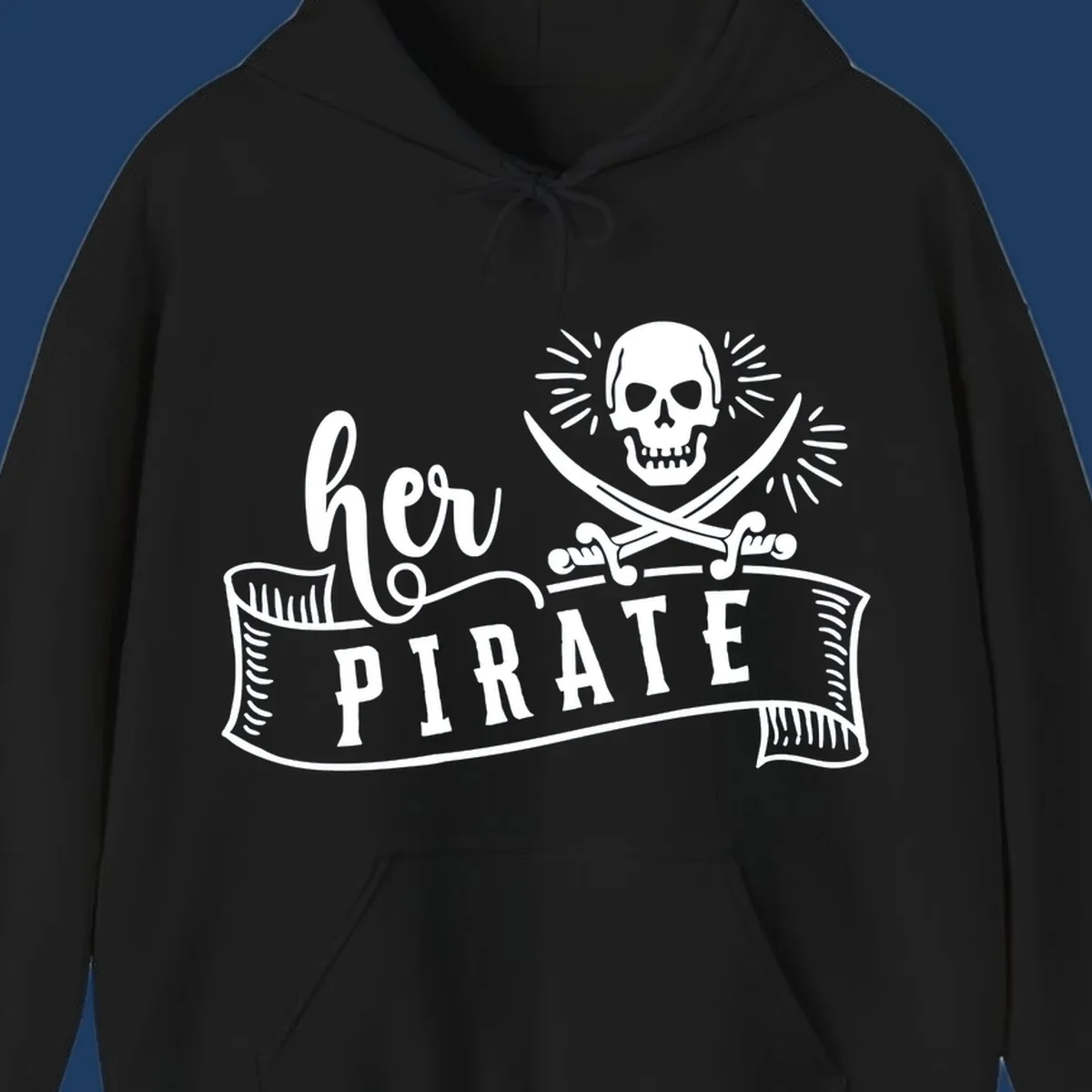 Vintage-style pirate skull with crossed swords and 'Ahoy PIRATE' text banner design