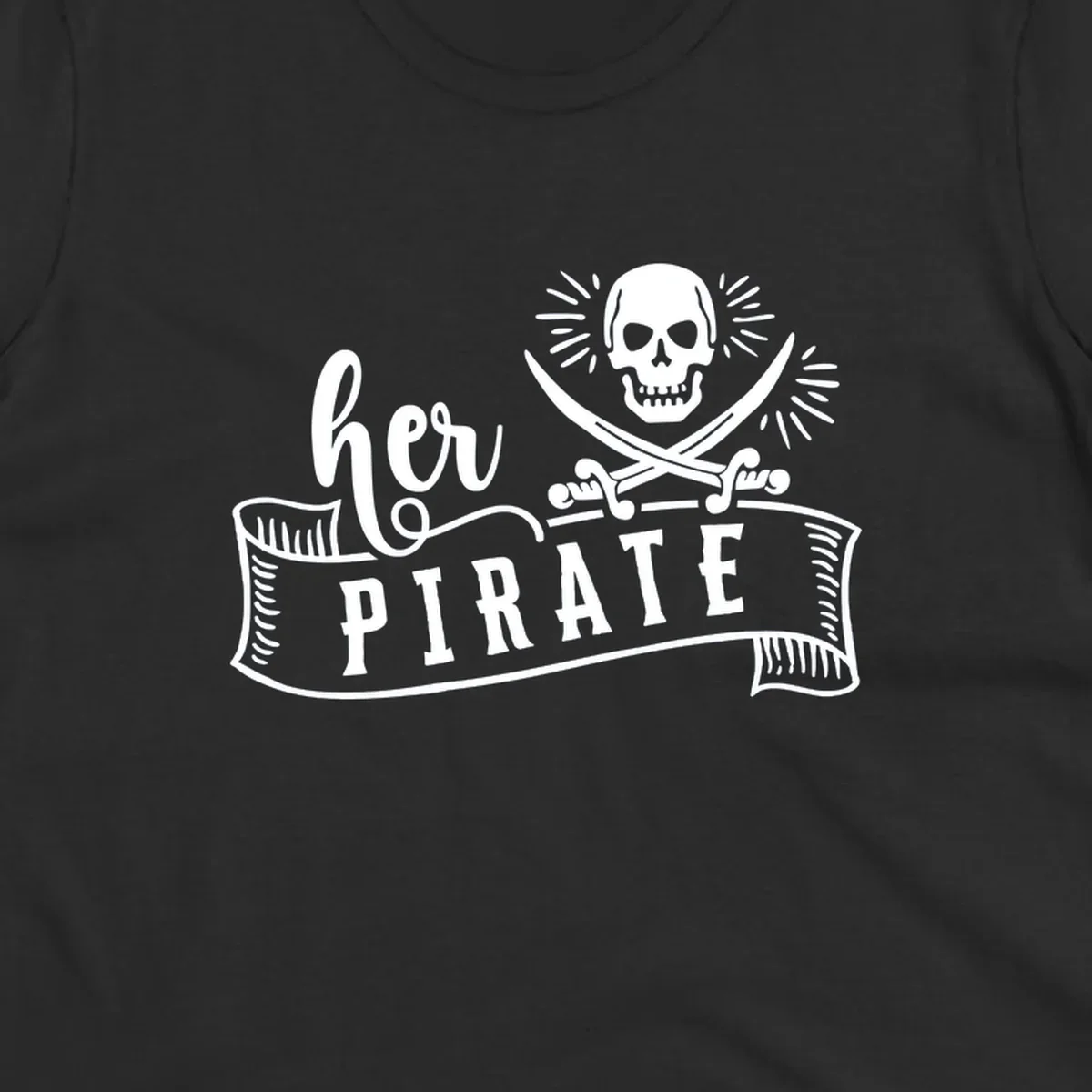 Vintage-style pirate skull with crossed swords and 'Ahoy PIRATE' text banner design